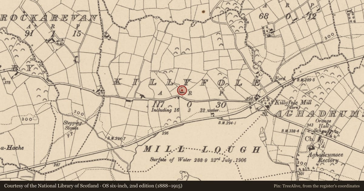 Ordnance Survey six-inch map, 2nd edition (1888–1915) covering the location of Demolished House, Killyfole, Fermanagh and Omagh, with a pin at the register's coordinates