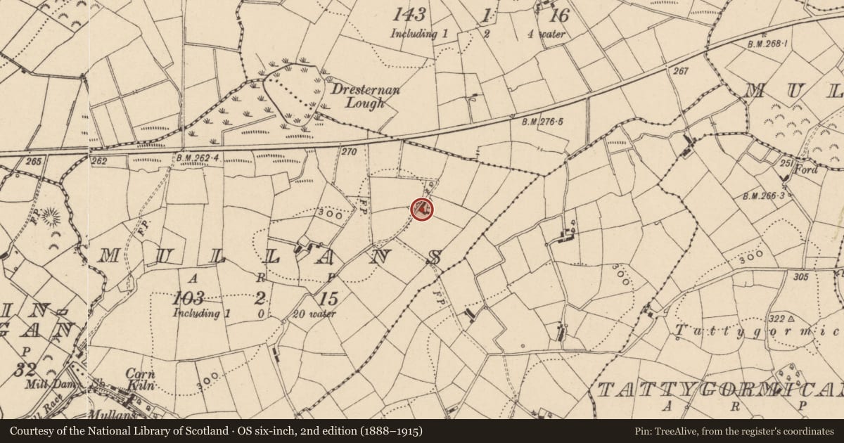 Ordnance Survey six-inch map, 2nd edition (1888–1915) covering the location of Demolished House, Mullans, Fermanagh and Omagh, with a pin at the register's coordinates