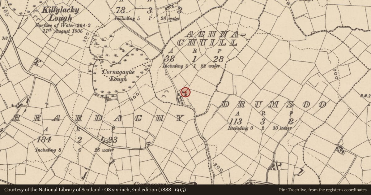 Ordnance Survey six-inch map, 2nd edition (1888–1915) covering the location of House, Aghnachuill, Fermanagh and Omagh, with a pin at the register's coordinates