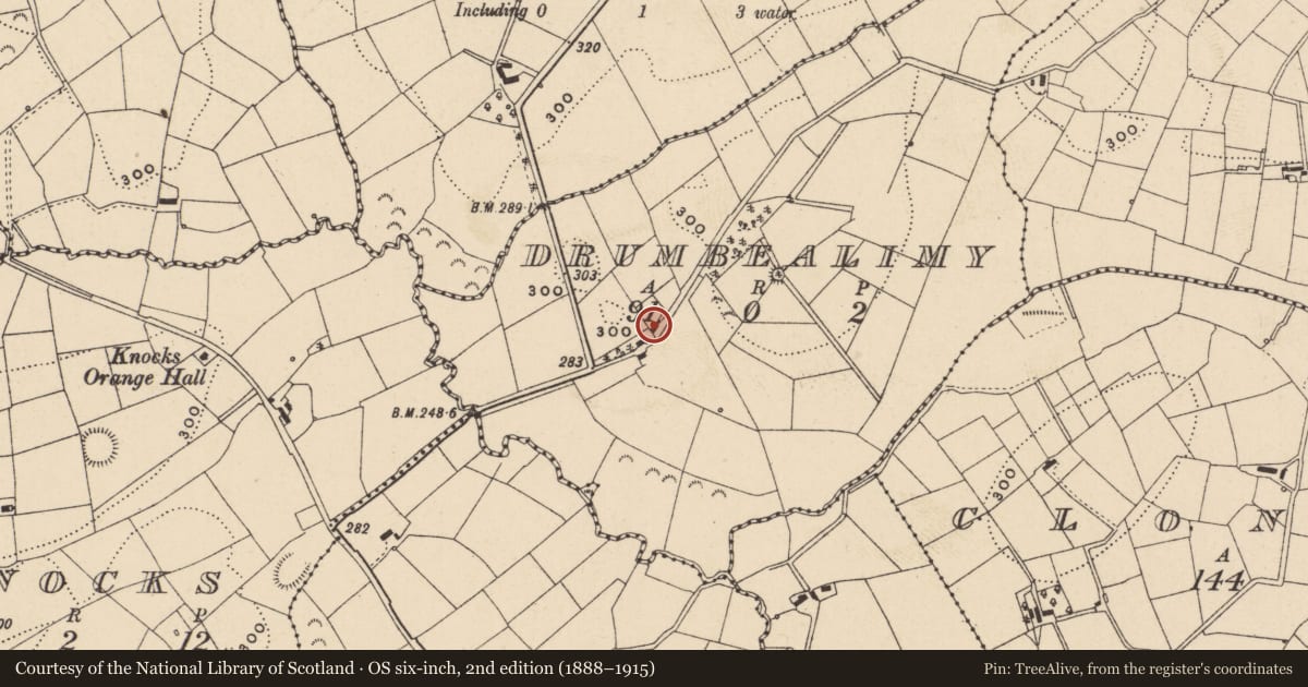 Ordnance Survey six-inch map, 2nd edition (1888–1915) covering the location of House, Drumbealimy, Fermanagh and Omagh, with a pin at the register's coordinates