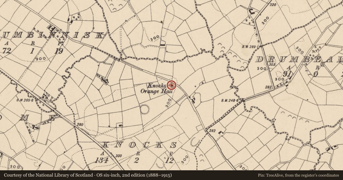 Ordnance Survey six-inch map, 2nd edition (1888–1915) covering the location of Knocks Orange Hall, Fermanagh and Omagh, with a pin at the register's coordinates
