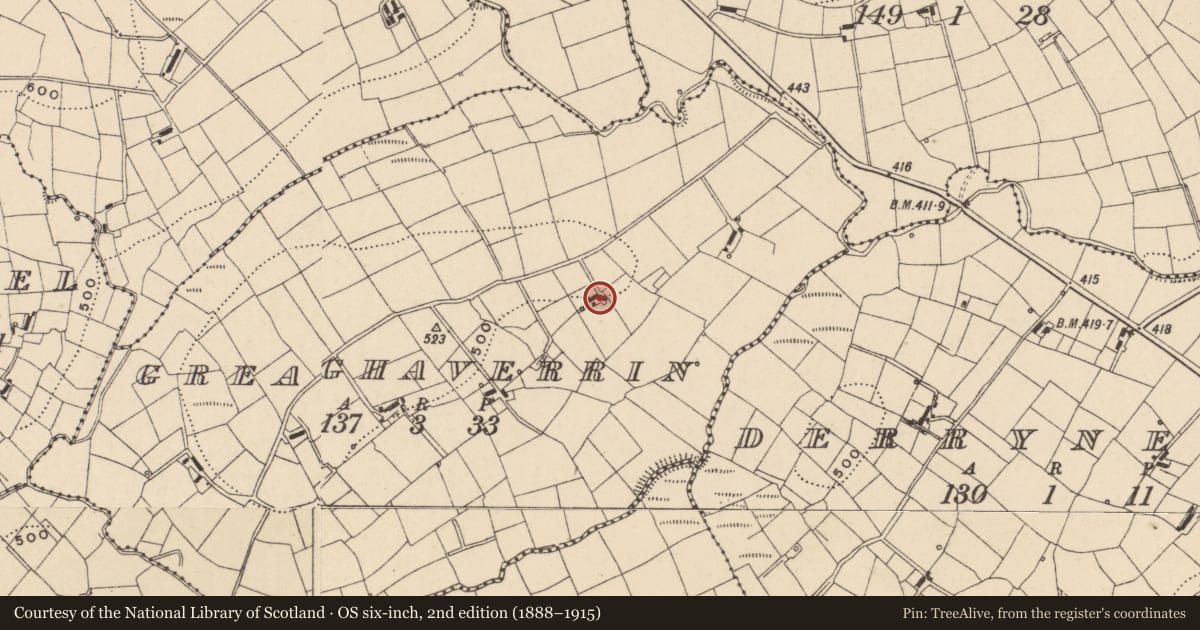Ordnance Survey six-inch map, 2nd edition (1888–1915) covering the location of Demolished House, Greaghaverrin, Fermanagh and Omagh, with a pin at the register's coordinates