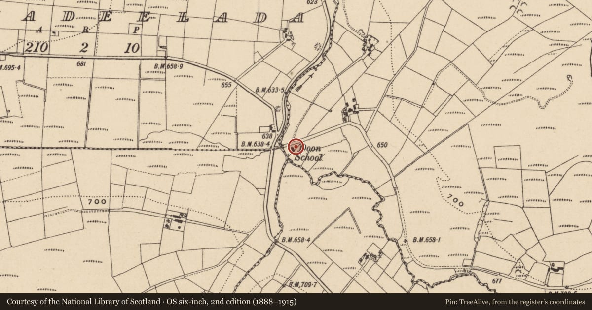 Ordnance Survey six-inch map, 2nd edition (1888–1915) covering the location of School, Doon and Eshcleagh, Fermanagh and Omagh, with a pin at the register's coordinates