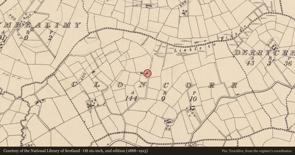Ordnance Survey six-inch map, 2nd edition (1888–1915) covering the location of Cottage, Cloncorr, Fermanagh and Omagh, with a pin at the register's coordinates