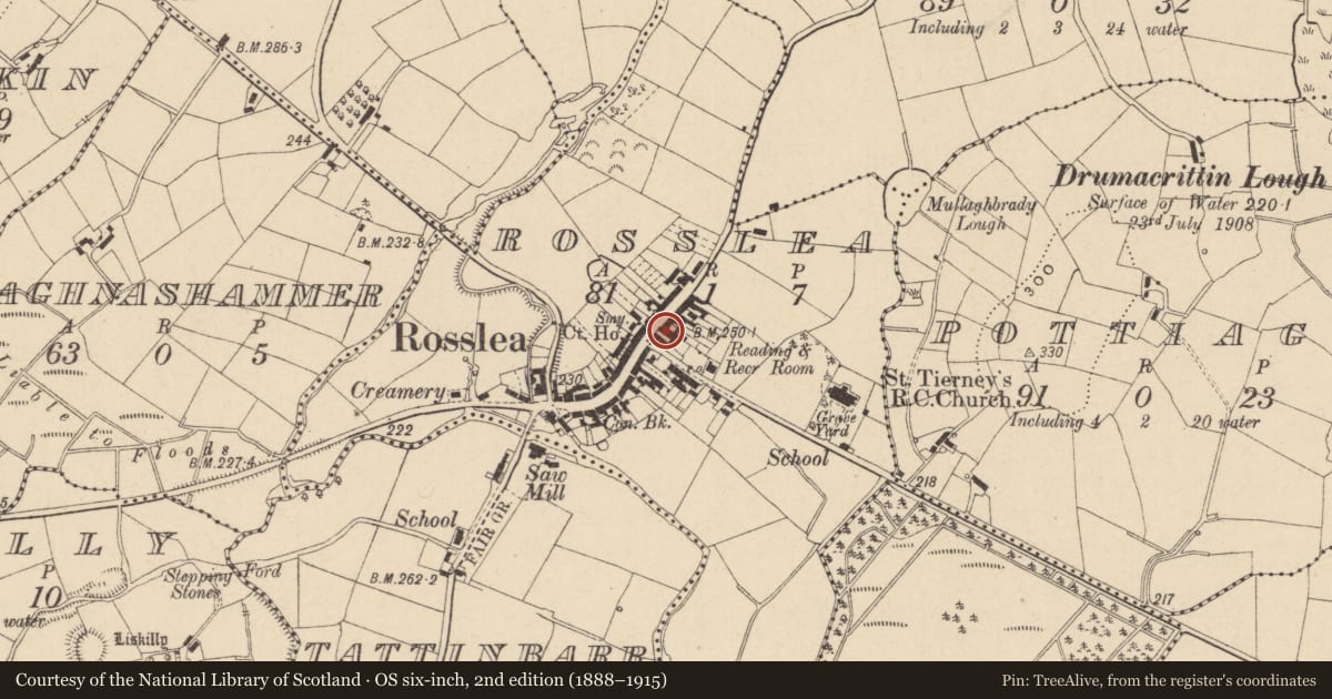 Ordnance Survey six-inch map, 2nd edition (1888–1915) covering the location of Pump, Rosslea, Fermanagh and Omagh, with a pin at the register's coordinates
