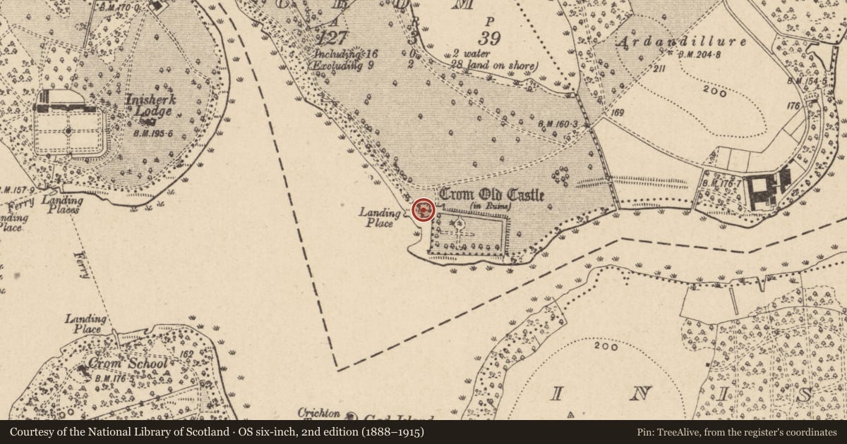 Ordnance Survey six-inch map, 2nd edition (1888–1915) covering the location of Old Crom Castle, Fermanagh and Omagh, with a pin at the register's coordinates