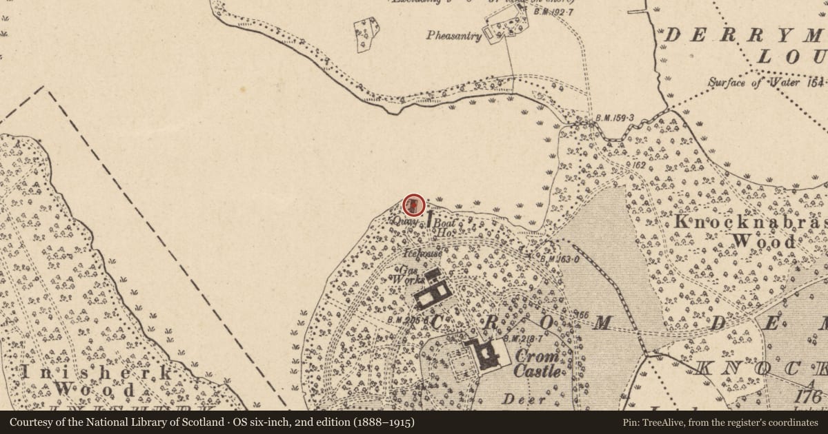 Ordnance Survey six-inch map, 2nd edition (1888–1915) covering the location of Turf House, Crom, Fermanagh and Omagh, with a pin at the register's coordinates