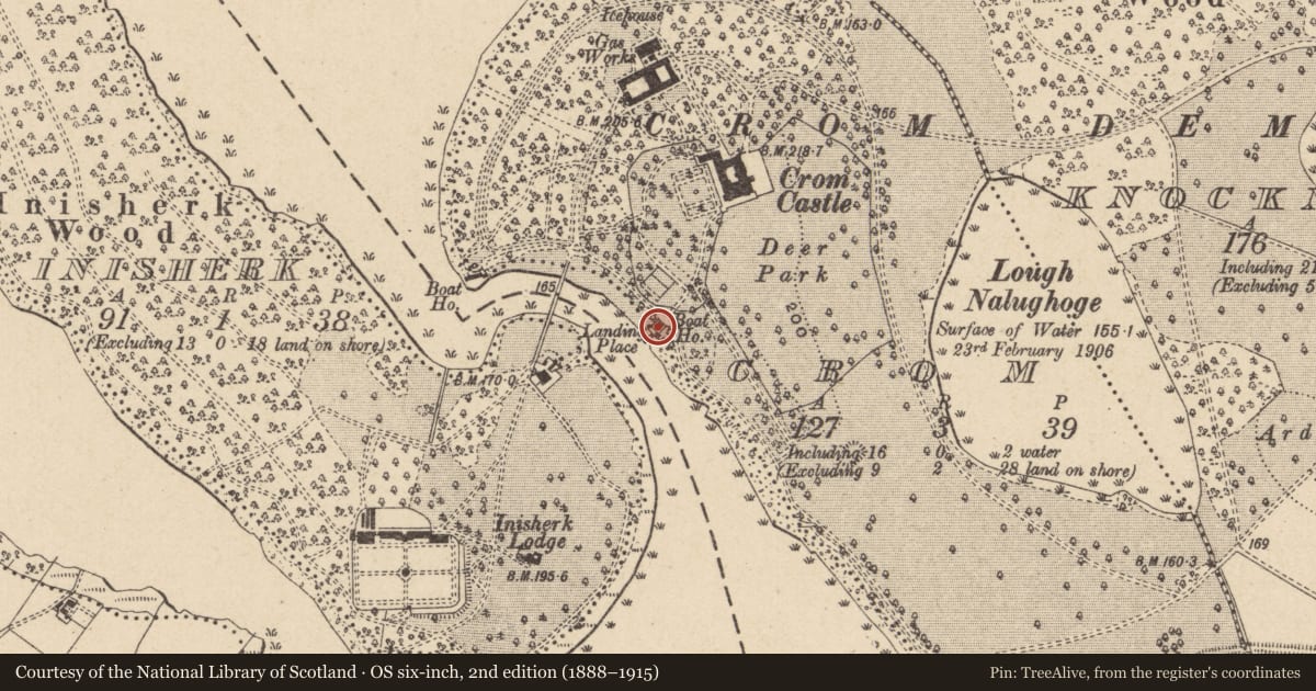 Ordnance Survey six-inch map, 2nd edition (1888–1915) covering the location of Boat House, Crom, Fermanagh and Omagh, with a pin at the register's coordinates