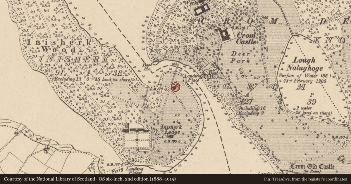 Ordnance Survey six-inch map, 2nd edition (1888–1915) covering the location of Bridge Cottage, Inisherk, Fermanagh and Omagh, with a pin at the register's coordinates