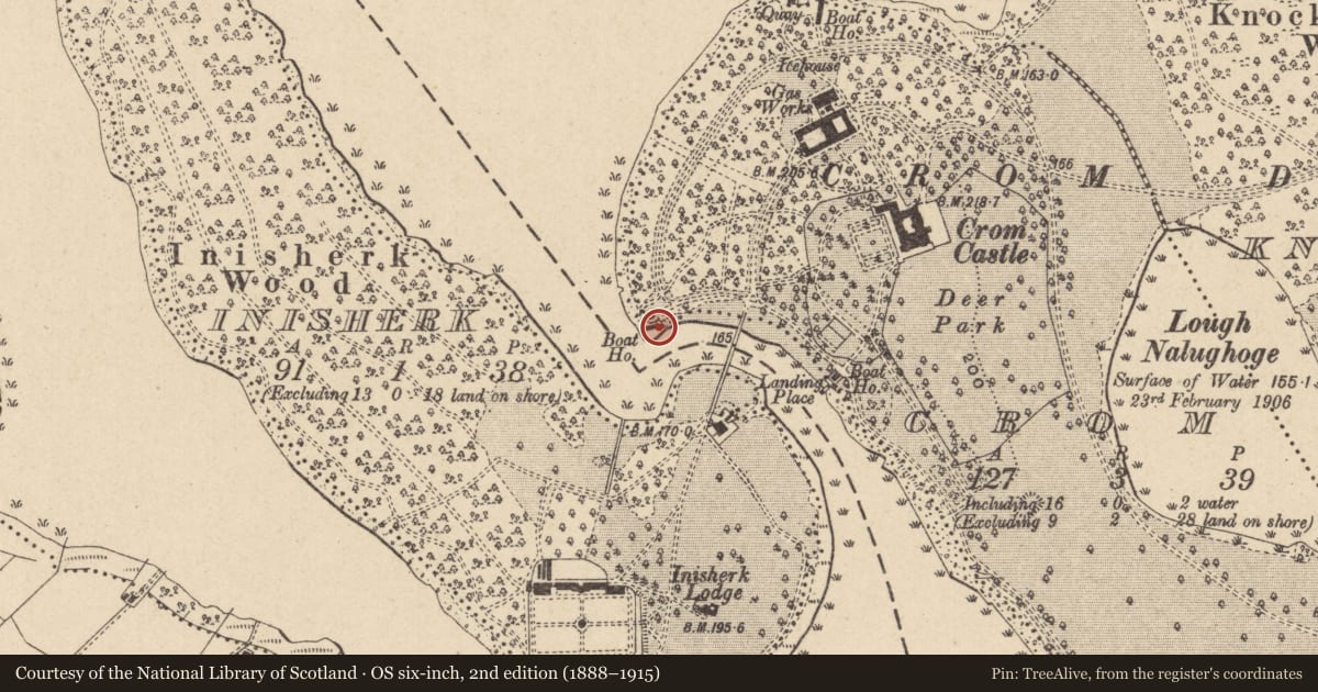 Ordnance Survey six-inch map, 2nd edition (1888–1915) covering the location of Old Boat House, Crom, Fermanagh and Omagh, with a pin at the register's coordinates