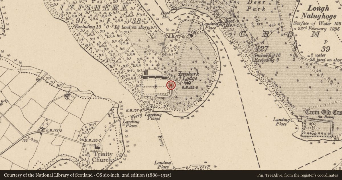 Ordnance Survey six-inch map, 2nd edition (1888–1915) covering the location of Walled Garden, Inisherk, Fermanagh and Omagh, with a pin at the register's coordinates