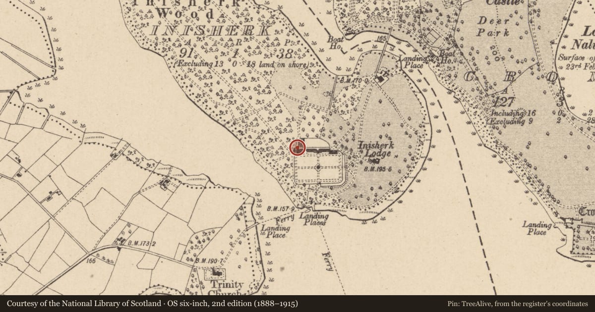 Ordnance Survey six-inch map, 2nd edition (1888–1915) covering the location of Former Gardeners' Bothy, Inisherk, Fermanagh and Omagh, with a pin at the register's coordinates