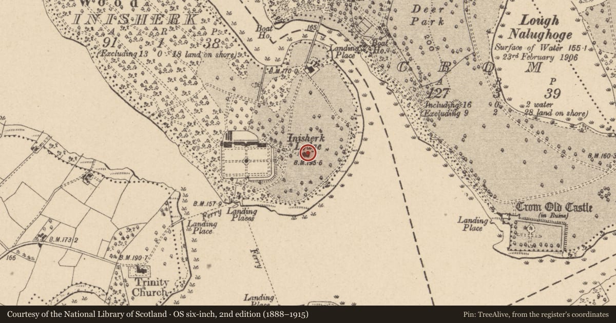 Ordnance Survey six-inch map, 2nd edition (1888–1915) covering the location of Inisherk Lodge, Fermanagh and Omagh, with a pin at the register's coordinates