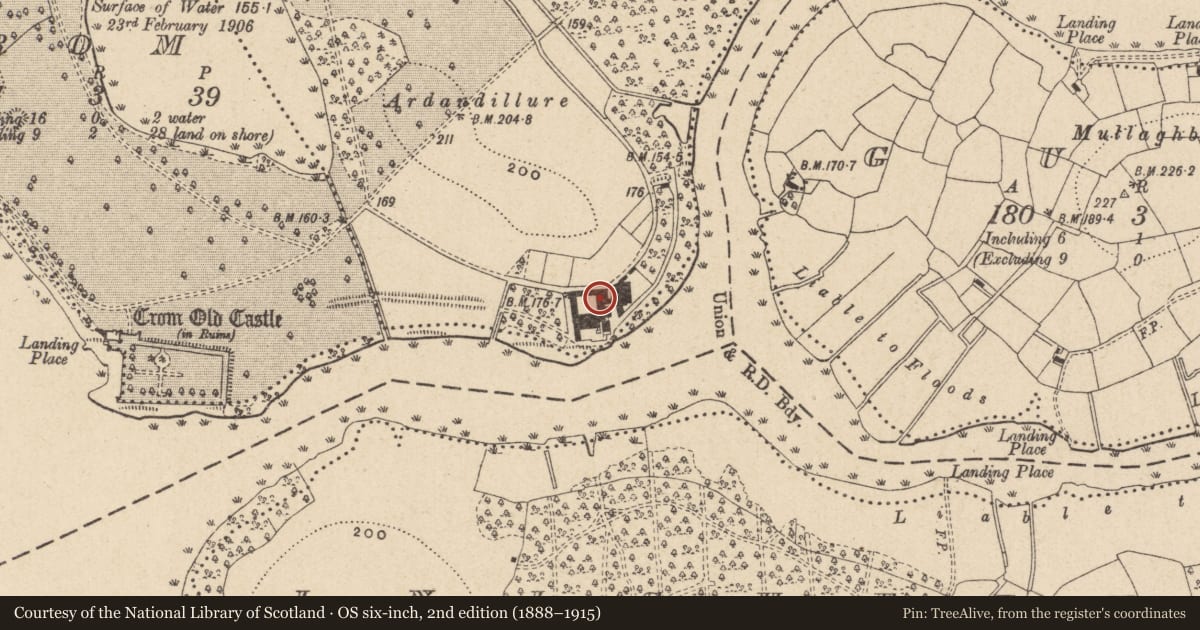 Ordnance Survey six-inch map, 2nd edition (1888–1915) covering the location of Farmyard, Knocknabrass, Fermanagh and Omagh, with a pin at the register's coordinates