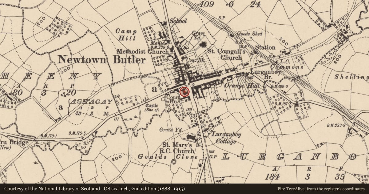 Ordnance Survey six-inch map, 2nd edition (1888–1915) covering the location of Court House, Aghagay, Fermanagh and Omagh, with a pin at the register's coordinates