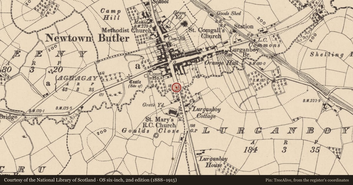 Ordnance Survey six-inch map, 2nd edition (1888–1915) covering the location of Bridge, Aghagay, Fermanagh and Omagh, with a pin at the register's coordinates