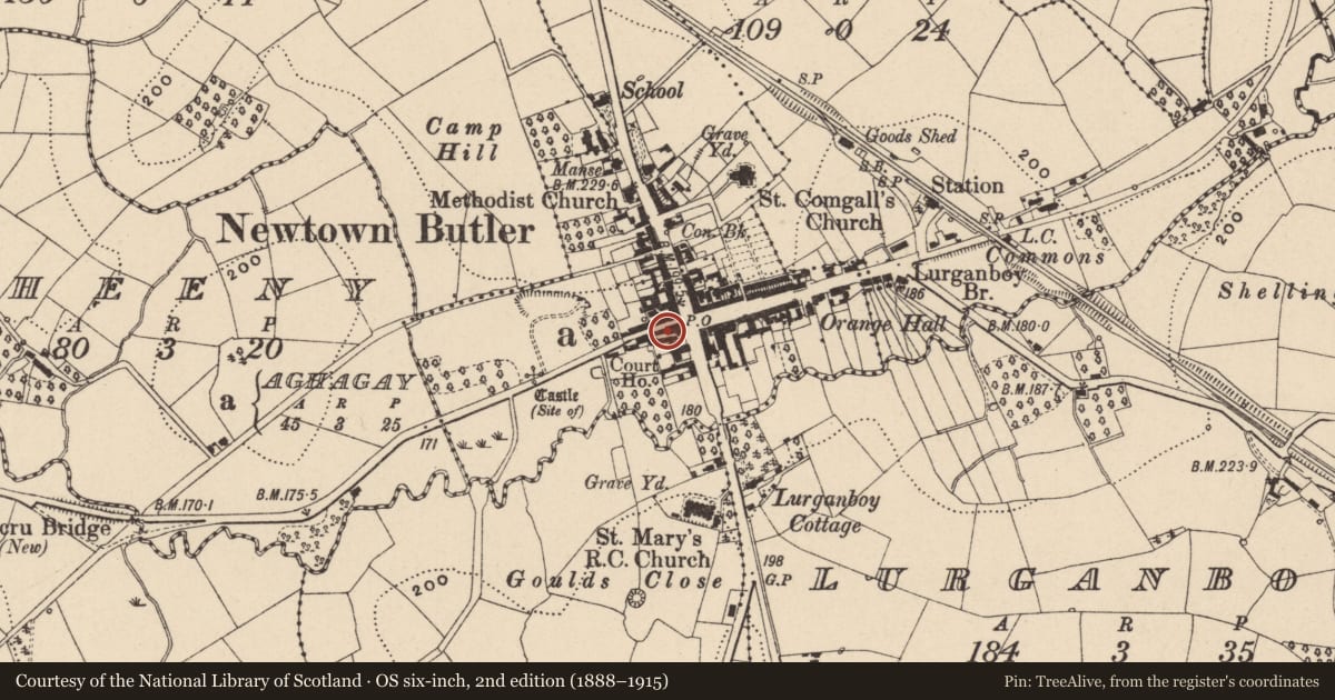 Ordnance Survey six-inch map, 2nd edition (1888–1915) covering the location of Terrace, Aghagay, Fermanagh and Omagh, with a pin at the register's coordinates