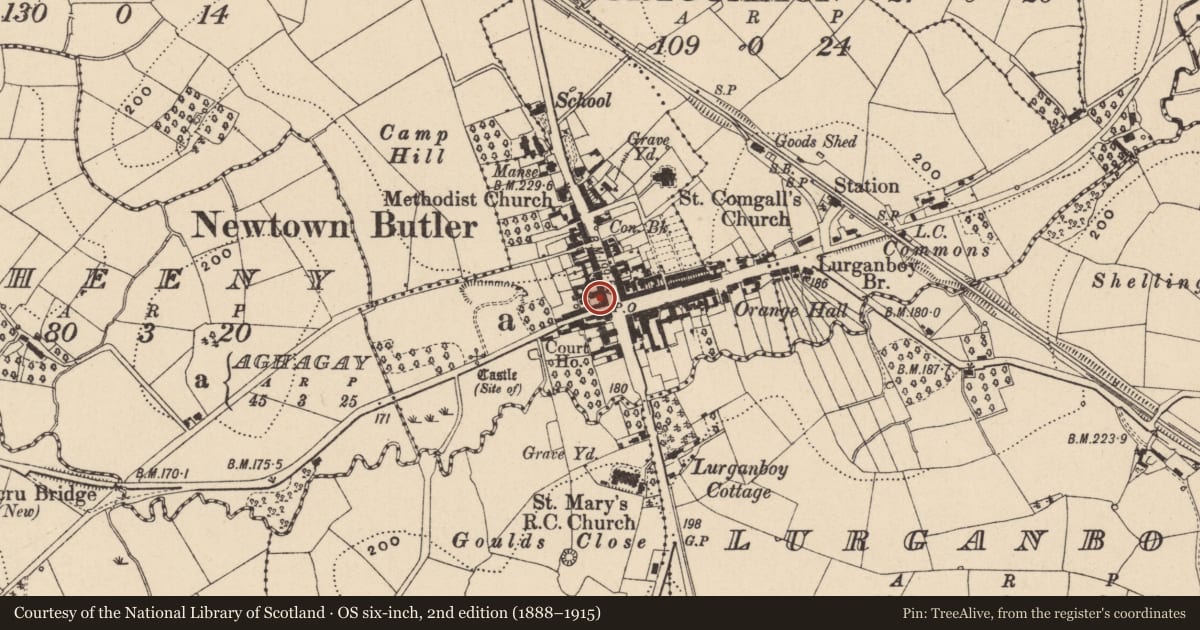 Ordnance Survey six-inch map, 2nd edition (1888–1915) covering the location of Reilly'S Bar, Fermanagh and Omagh, with a pin at the register's coordinates