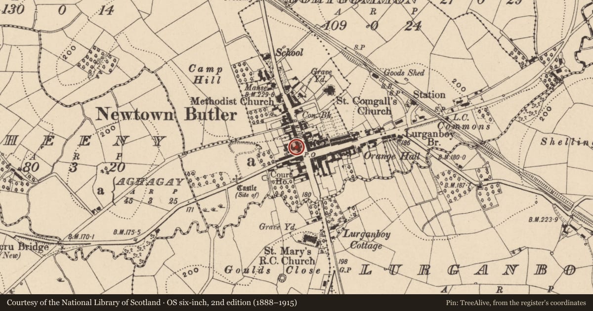 Ordnance Survey six-inch map, 2nd edition (1888–1915) covering the location of Former Lanesborough Arms Hotel, Aghagay, Fermanagh and Omagh, with a pin at the register's coordinates