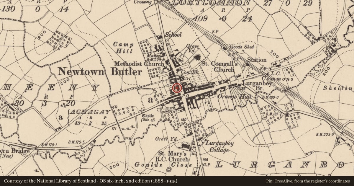 Ordnance Survey six-inch map, 2nd edition (1888–1915) covering the location of Former Market House, Aghagay, Fermanagh and Omagh, with a pin at the register's coordinates