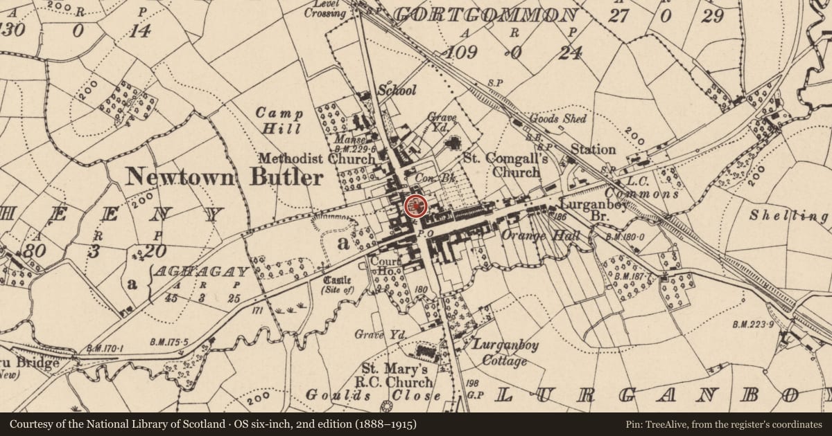 Ordnance Survey six-inch map, 2nd edition (1888–1915) covering the location of Northern Bank, Aghagay, Fermanagh and Omagh, with a pin at the register's coordinates