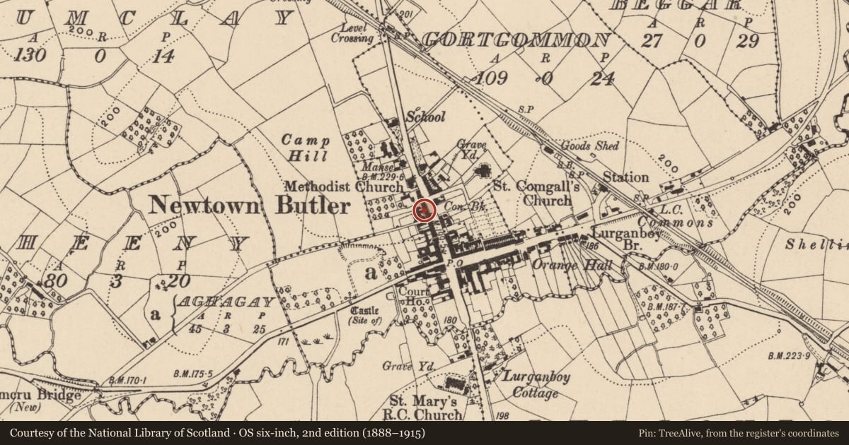 Ordnance Survey six-inch map, 2nd edition (1888–1915) covering the location of Corner House, Aghagay, Fermanagh and Omagh, with a pin at the register's coordinates