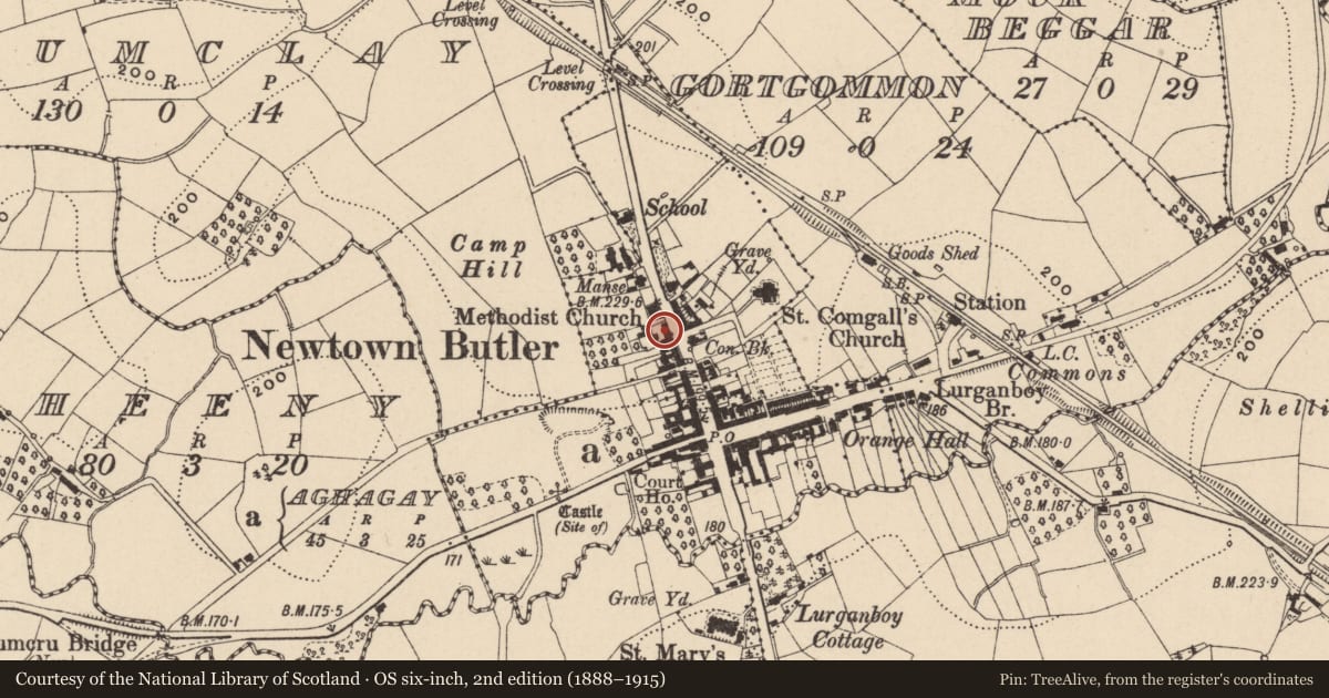 Ordnance Survey six-inch map, 2nd edition (1888–1915) covering the location of 44 High Street, Aghagay, Fermanagh and Omagh, with a pin at the register's coordinates