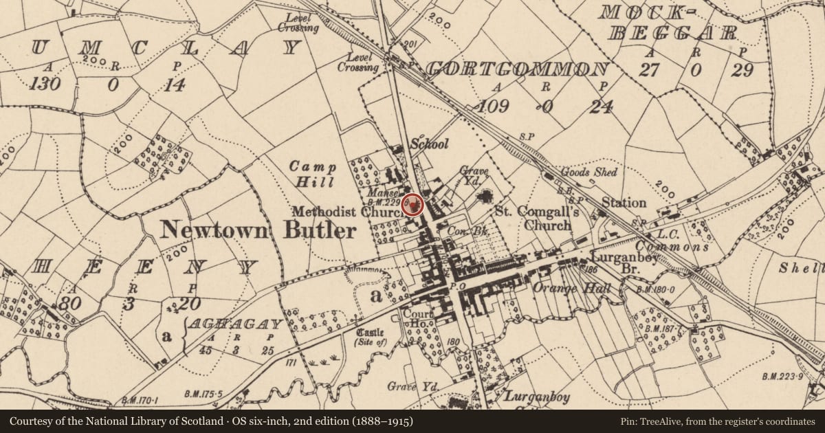 Ordnance Survey six-inch map, 2nd edition (1888–1915) covering the location of Methodist Church, Aghagay, Fermanagh and Omagh, with a pin at the register's coordinates