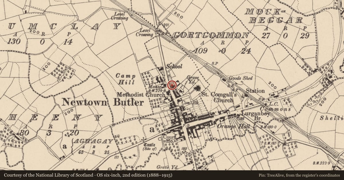 Ordnance Survey six-inch map, 2nd edition (1888–1915) covering the location of 39 High Street, Aghagay, Fermanagh and Omagh, with a pin at the register's coordinates