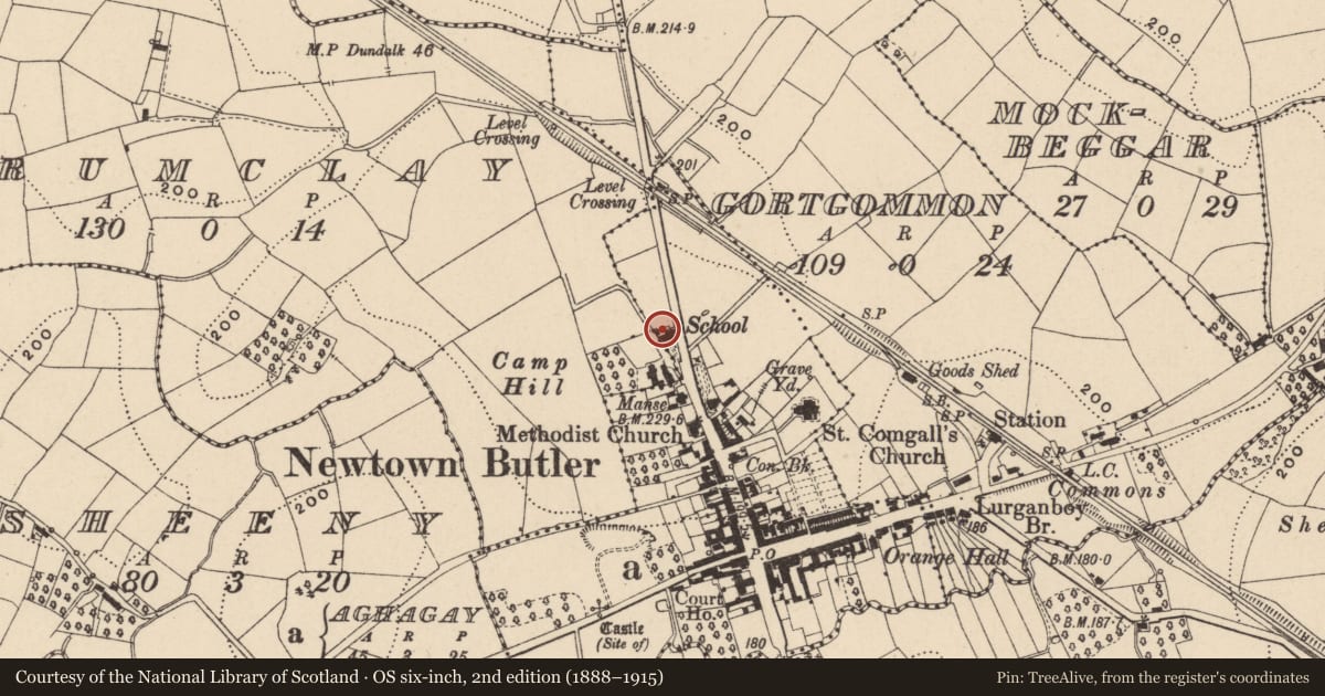 Ordnance Survey six-inch map, 2nd edition (1888–1915) covering the location of Old Schoolhouse, Aghagay, Fermanagh and Omagh, with a pin at the register's coordinates