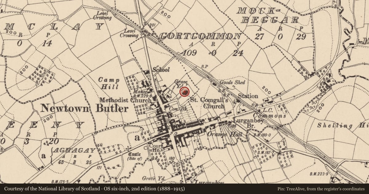 Ordnance Survey six-inch map, 2nd edition (1888–1915) covering the location of St. Comgall's C.o.I Church, Aghagay, Fermanagh and Omagh, with a pin at the register's coordinates