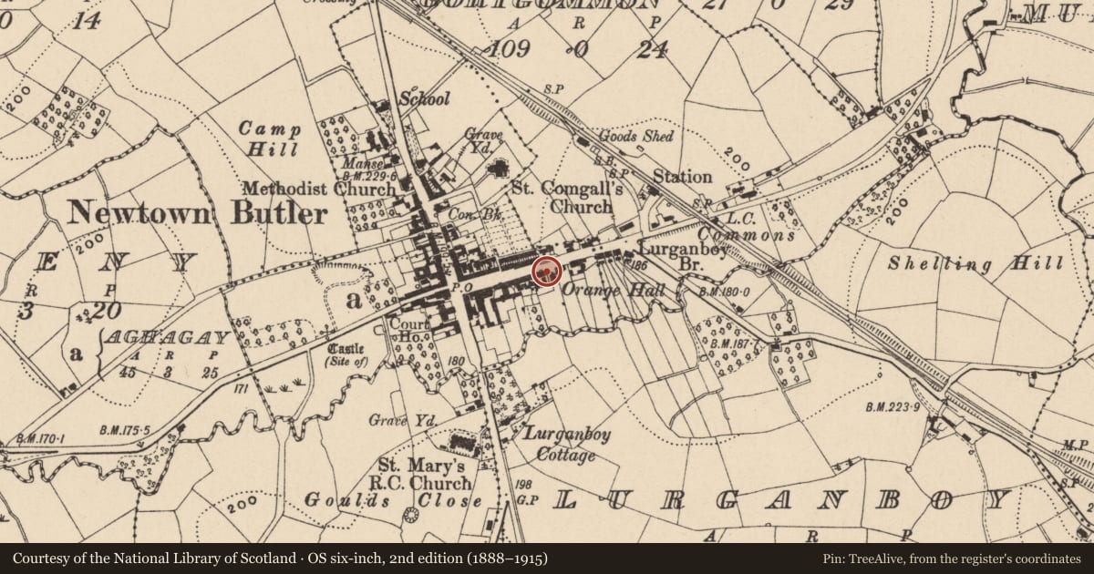 Ordnance Survey six-inch map, 2nd edition (1888–1915) covering the location of Johnston Memorial Orange Hall, Aghagay, Fermanagh and Omagh, with a pin at the register's coordinates