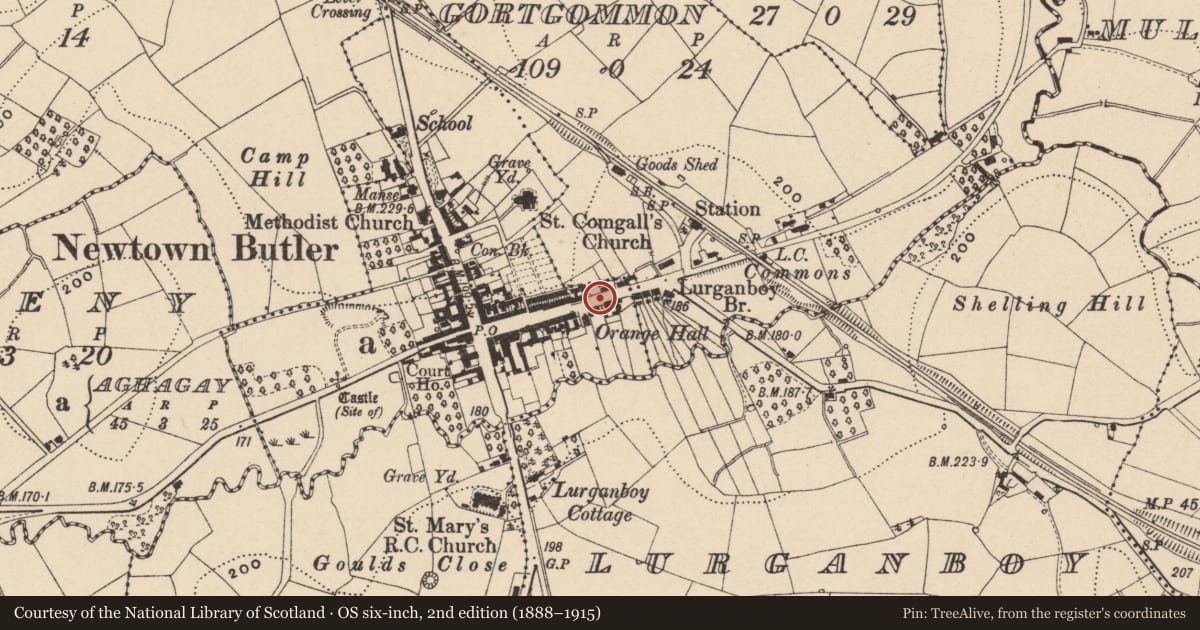Ordnance Survey six-inch map, 2nd edition (1888–1915) covering the location of 29 and 31 Main Street, Aghagay, with a pin at the register's coordinates