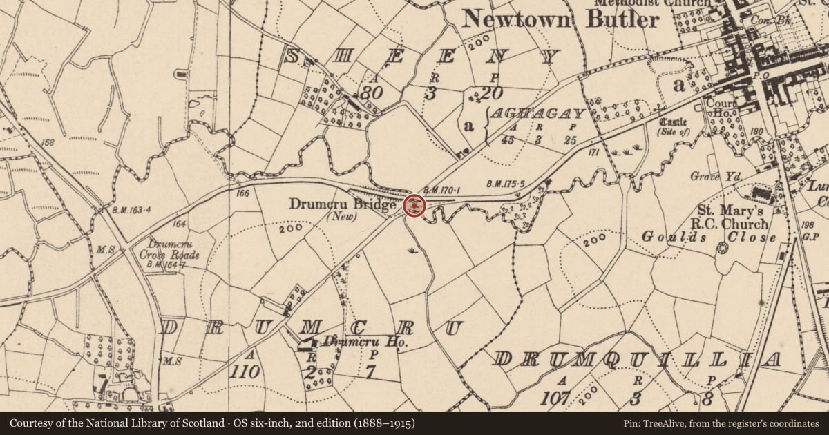 Ordnance Survey six-inch map, 2nd edition (1888–1915) covering the location of Old Drumcru Bridge, Sheeny/Drumcru, Fermanagh and Omagh, with a pin at the register's coordinates