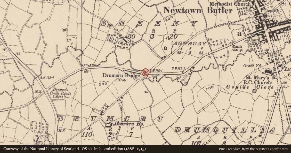 Ordnance Survey six-inch map, 2nd edition (1888–1915) covering the location of New Drumcru Bridge, Sheeny/Drumcru, Fermanagh and Omagh, with a pin at the register's coordinates