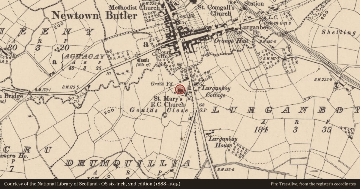 Ordnance Survey six-inch map, 2nd edition (1888–1915) covering the location of St. Mary's R. C. Church, Drumquillia, Fermanagh and Omagh, with a pin at the register's coordinates