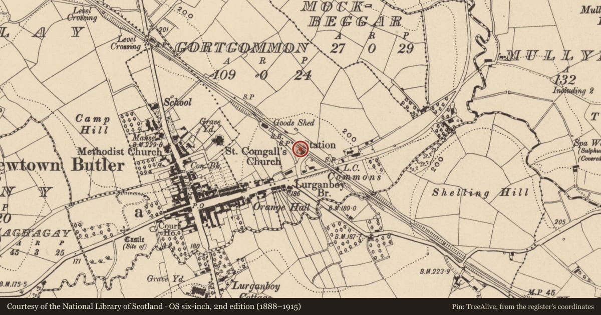 Ordnance Survey six-inch map, 2nd edition (1888–1915) covering the location of Station House, Gortgommon, Fermanagh and Omagh, with a pin at the register's coordinates