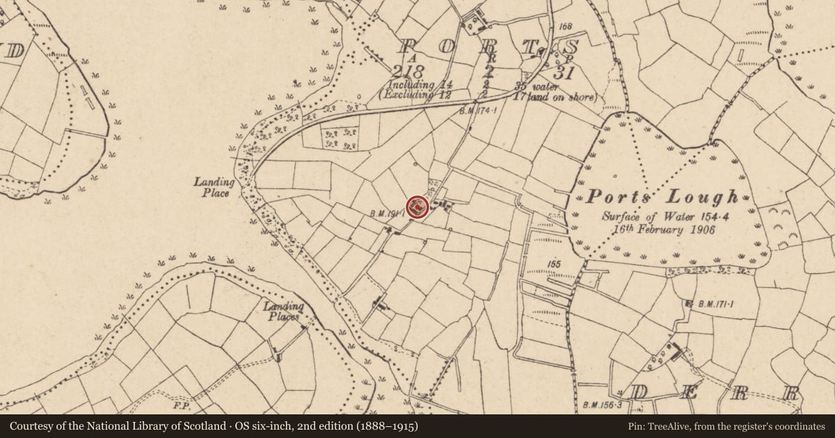 Ordnance Survey six-inch map, 2nd edition (1888–1915) covering the location of Ports House, Fermanagh and Omagh, with a pin at the register's coordinates
