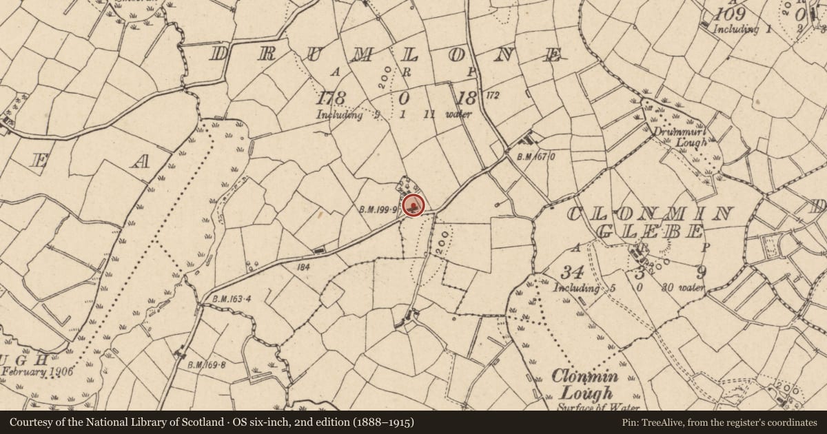 Ordnance Survey six-inch map, 2nd edition (1888–1915) covering the location of Cottage, Drumlone, Fermanagh and Omagh, with a pin at the register's coordinates