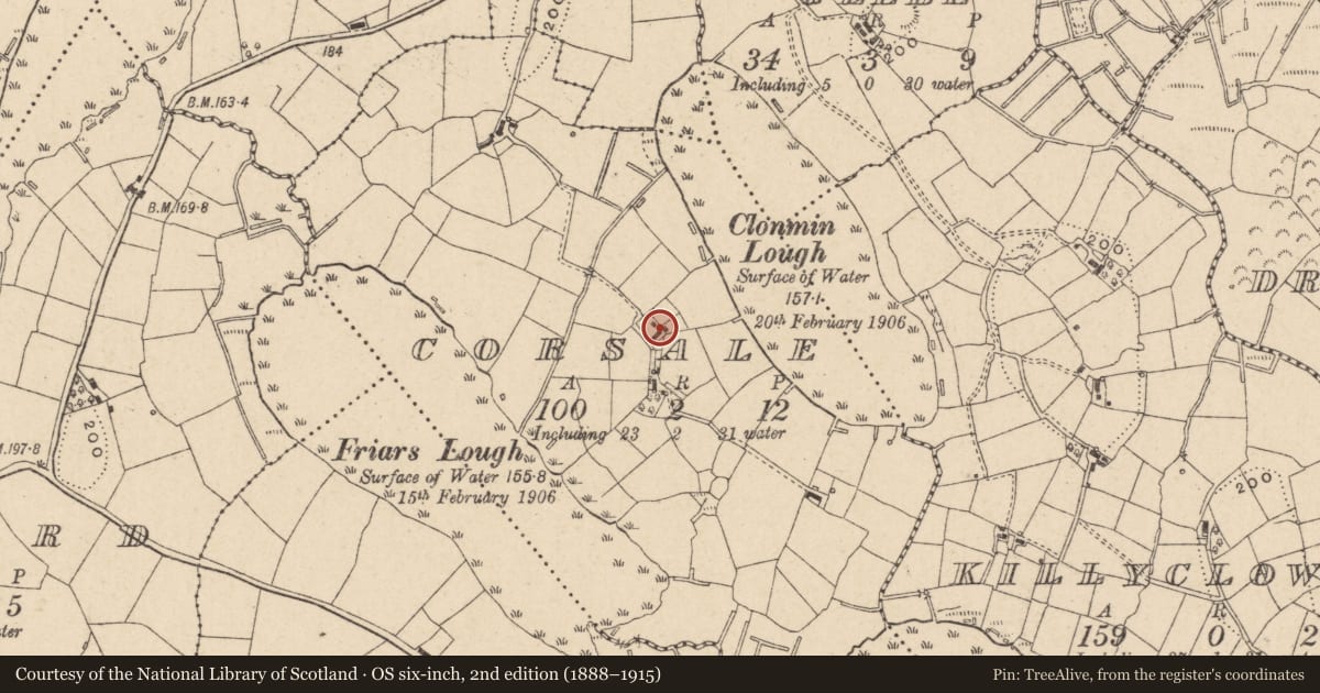 Ordnance Survey six-inch map, 2nd edition (1888–1915) covering the location of 4 Ports Road, Corsale, Fermanagh and Omagh, with a pin at the register's coordinates