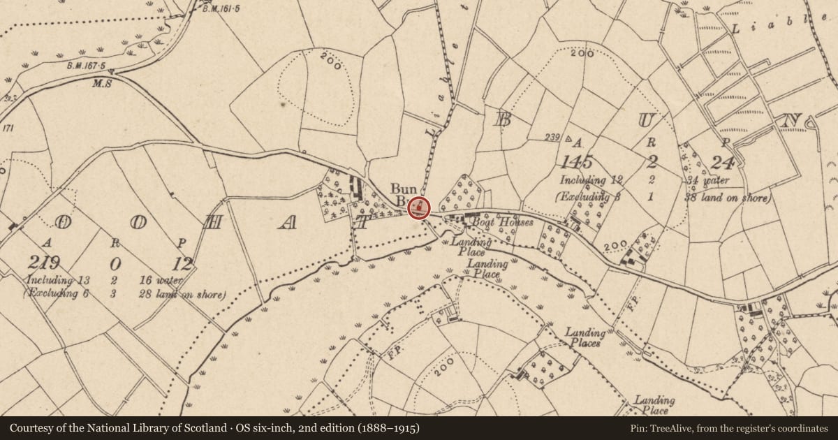 Ordnance Survey six-inch map, 2nd edition (1888–1915) covering the location of Bun Bridge, Bun/Doohat, Fermanagh and Omagh, with a pin at the register's coordinates