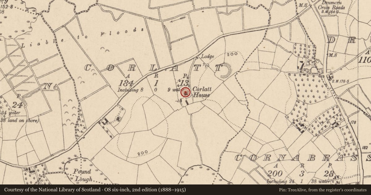Ordnance Survey six-inch map, 2nd edition (1888–1915) covering the location of Corlatt House, Fermanagh and Omagh, with a pin at the register's coordinates