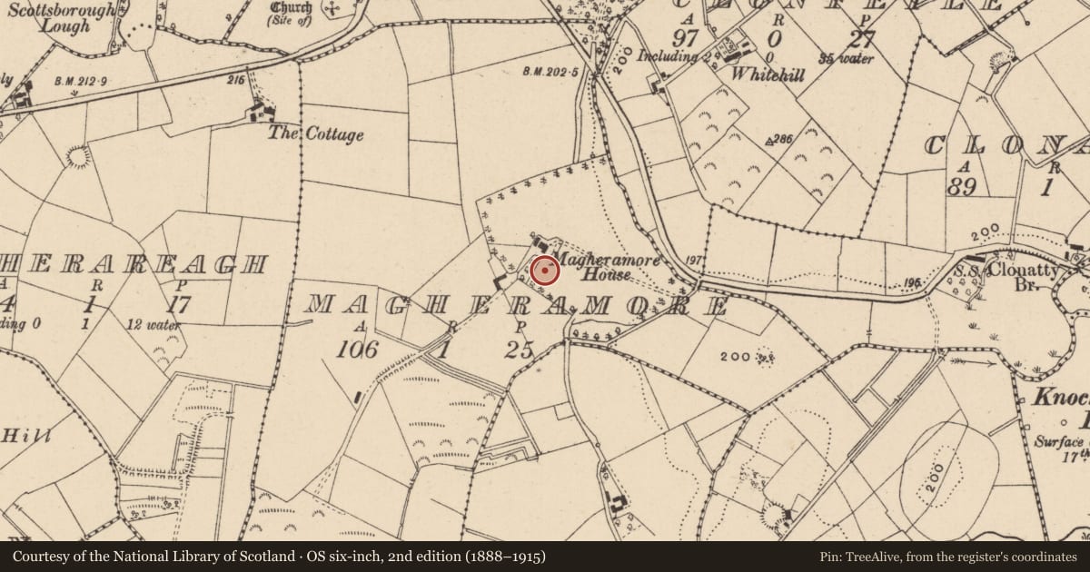 Ordnance Survey six-inch map, 2nd edition (1888–1915) covering the location of Magheramore House, Fermanagh and Omagh, with a pin at the register's coordinates