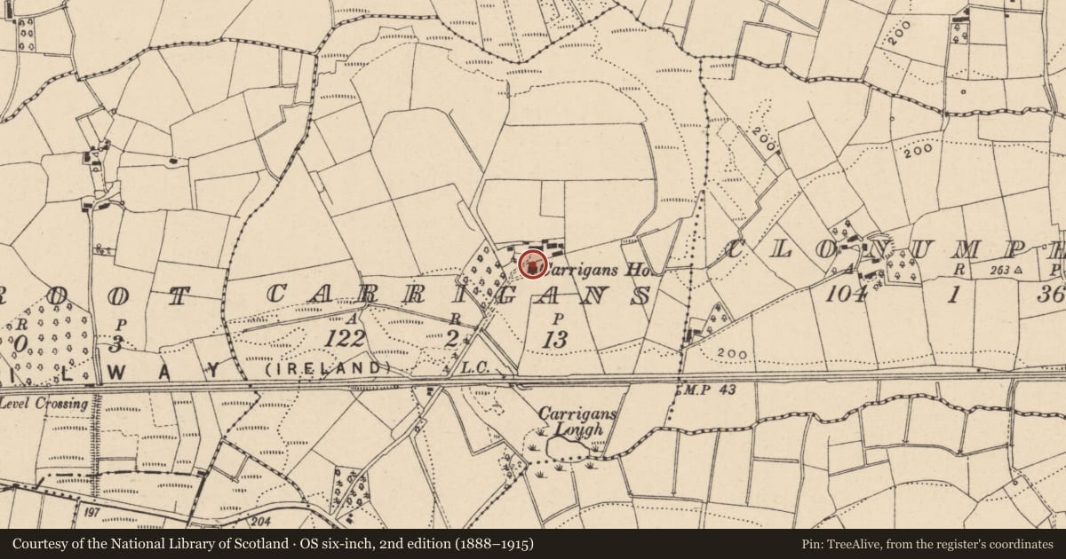 Ordnance Survey six-inch map, 2nd edition (1888–1915) covering the location of Carrigan's House, Carrigans, Fermanagh and Omagh, with a pin at the register's coordinates