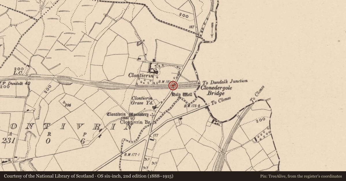 Ordnance Survey six-inch map, 2nd edition (1888–1915) covering the location of Railway Bridge, Clontivrin, Fermanagh and Omagh, with a pin at the register's coordinates