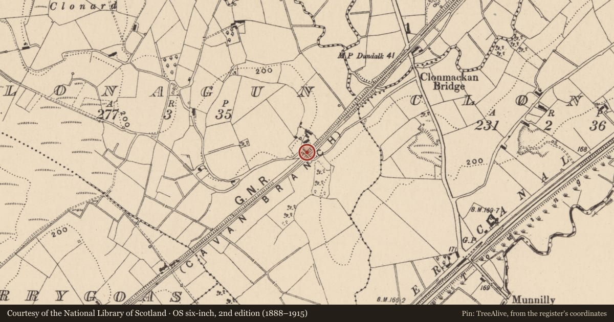 Ordnance Survey six-inch map, 2nd edition (1888–1915) covering the location of Railway Bridge, Clonagun, Fermanagh and Omagh, with a pin at the register's coordinates