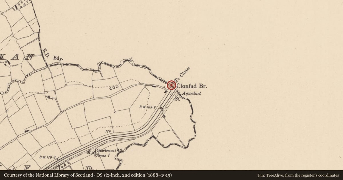 Ordnance Survey six-inch map, 2nd edition (1888–1915) covering the location of Bridge, Clonfad, with a pin at the register's coordinates