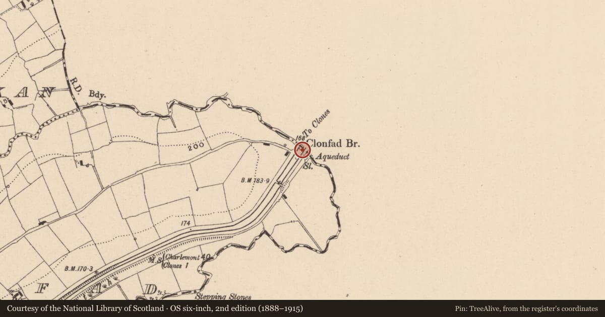 Ordnance Survey six-inch map, 2nd edition (1888–1915) covering the location of Canal Bridge, Clonfad, Fermanagh and Omagh, with a pin at the register's coordinates