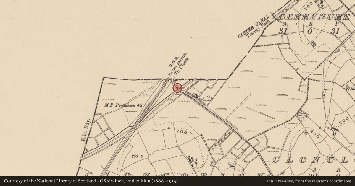 Ordnance Survey six-inch map, 2nd edition (1888–1915) covering the location of Canal Bridge, Cloncorrick, Fermanagh and Omagh, with a pin at the register's coordinates