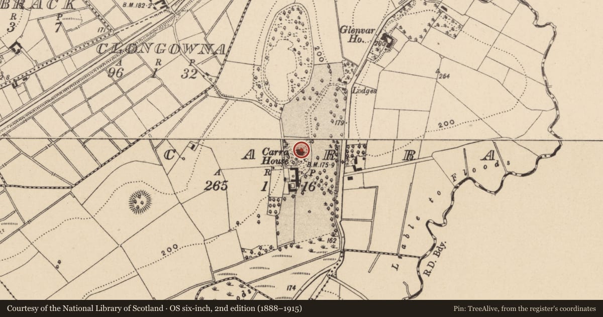 Ordnance Survey six-inch map, 2nd edition (1888–1915) covering the location of Carra House, Fermanagh and Omagh, with a pin at the register's coordinates